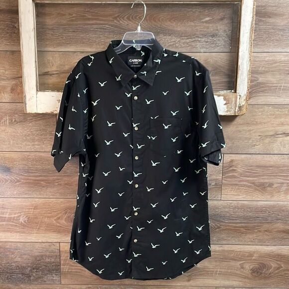 CARBON Men’s Black Business Casual Button Down Shirt Short Sleeve Bird Print XL - Picture 2 of 8